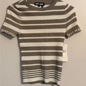 DKNY Brown and White Striped Tee